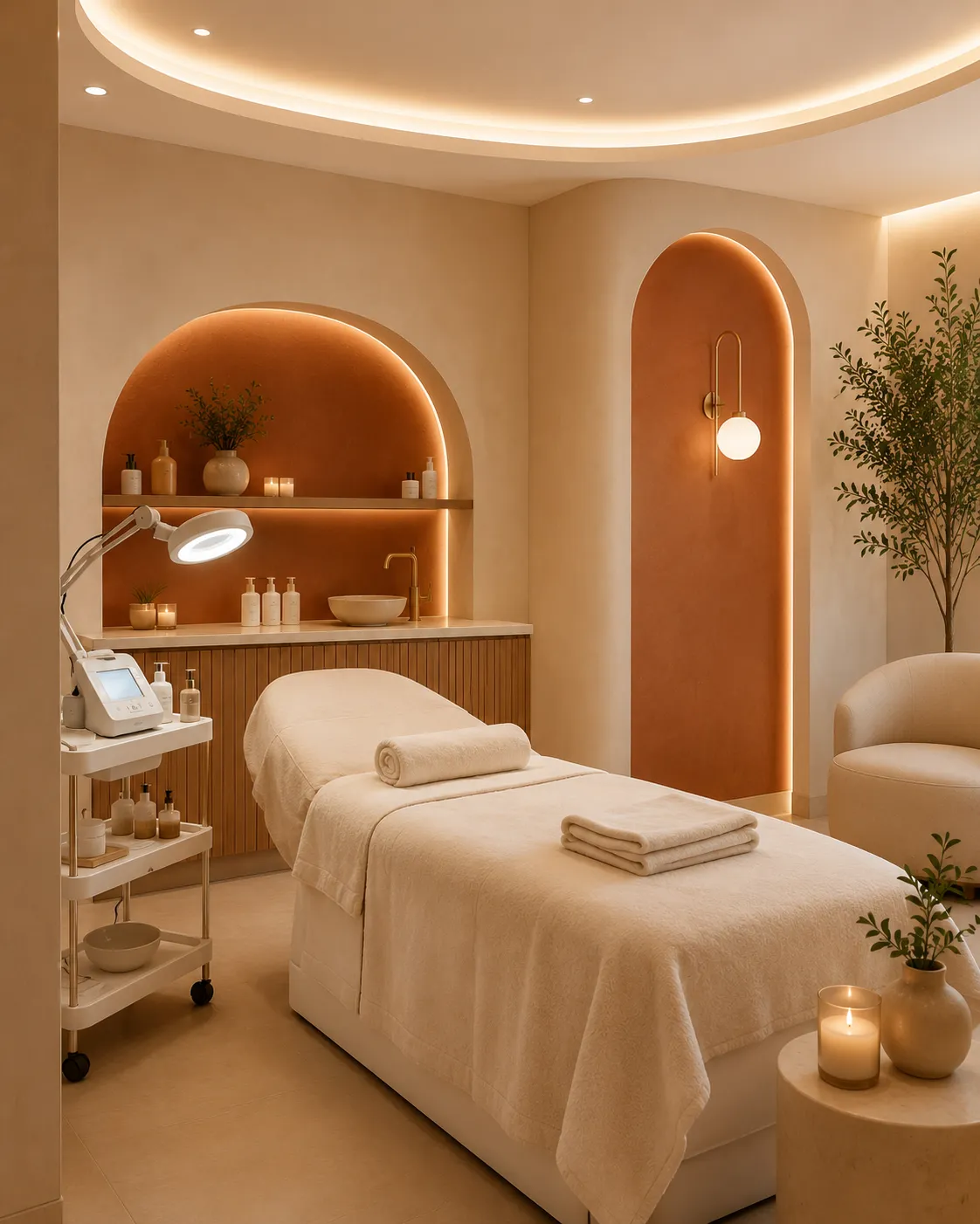 PureSkin treatment room with a spa bed and ambient lighting